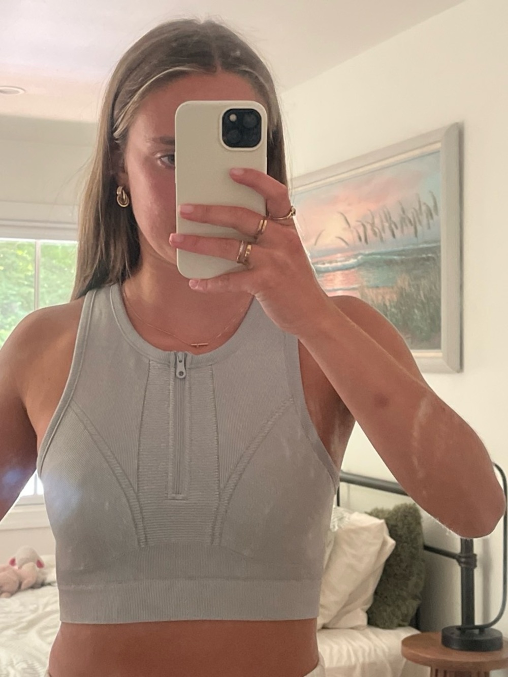 aerie Light Gray Seamless Zip sports bra crop top